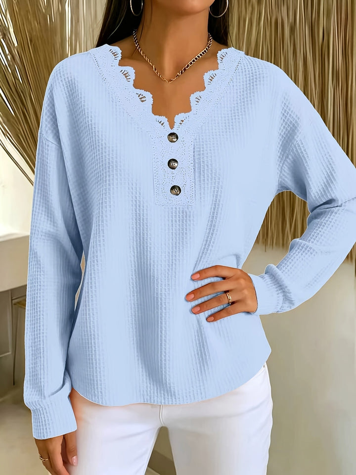 Women's V-neck lace-trimmed waffle-knit sweater with buttons, long-sleeve top for autumn