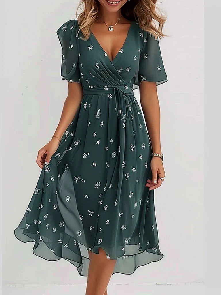 Katleen | Printed chiffon midi dress with V-neckline - Elegant feminine fashion