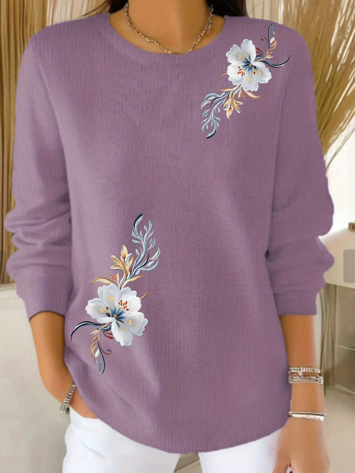 Women's round-neck soft-knit sweater with floral pattern, loose and comfortable sweater for autumn