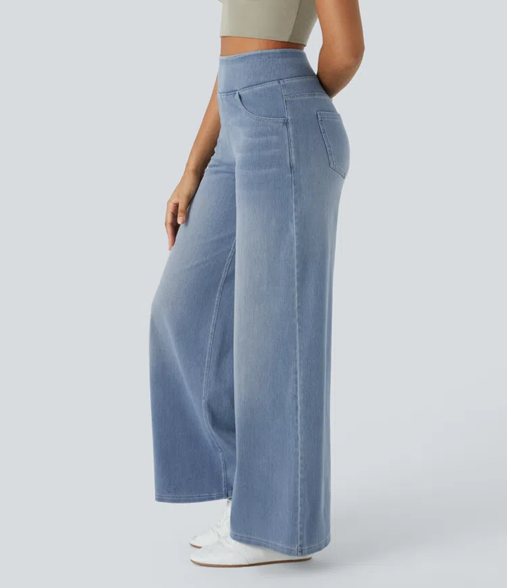 Jean femme extensible taille haute à jambes larges, pantalon décontracté en denim pour l’automne