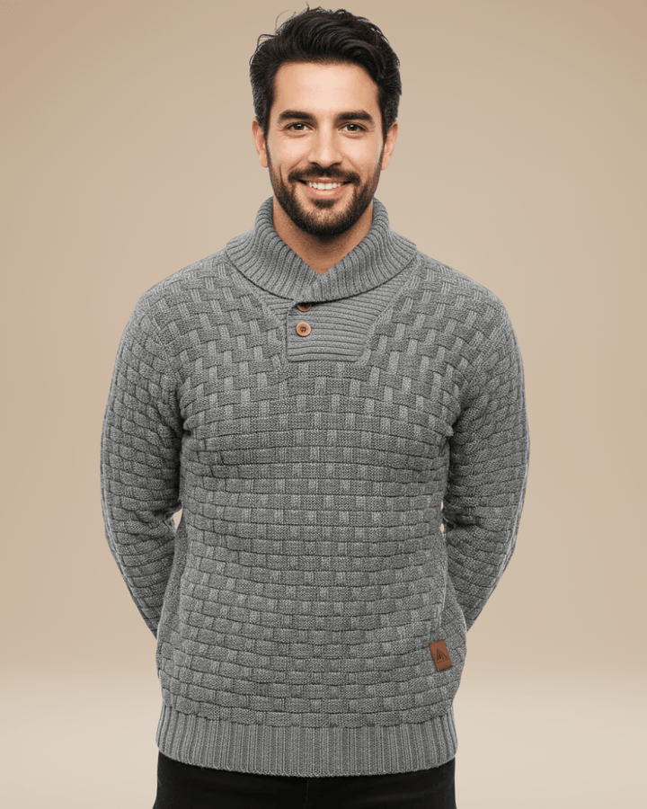 Men’s wool sweater with a shawl collar, basket weave, autumn style