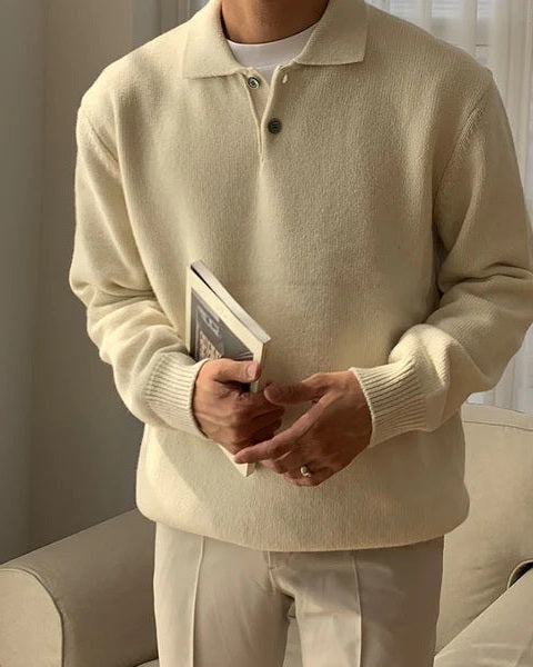 Pull polo homme en coton, maille douce, pour l’automne, avec bouton