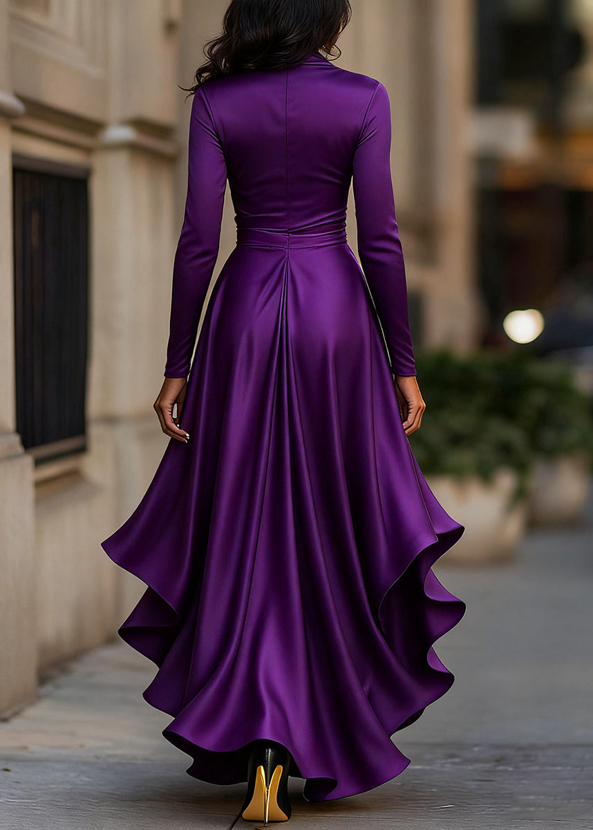 Women’s satin wrap dress with ruffles for autumn, long sleeves and a V-neck