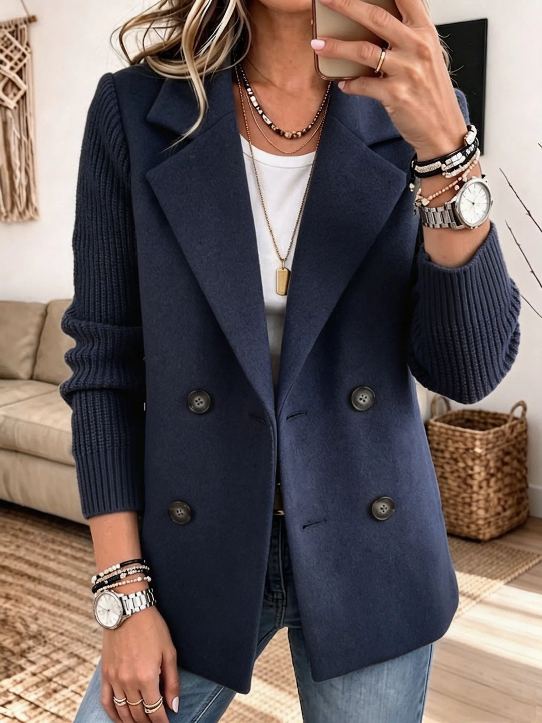 Veste blazer femme croisée en lainage avec manches en maille côtelée pour l'automne