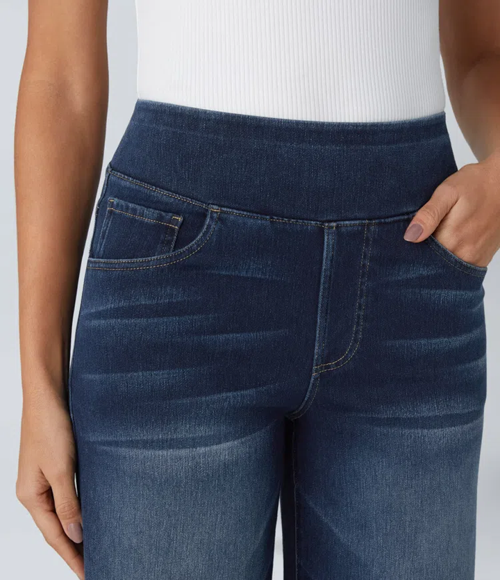 Jean femme extensible taille haute à jambes larges, pantalon décontracté en denim pour l’automne
