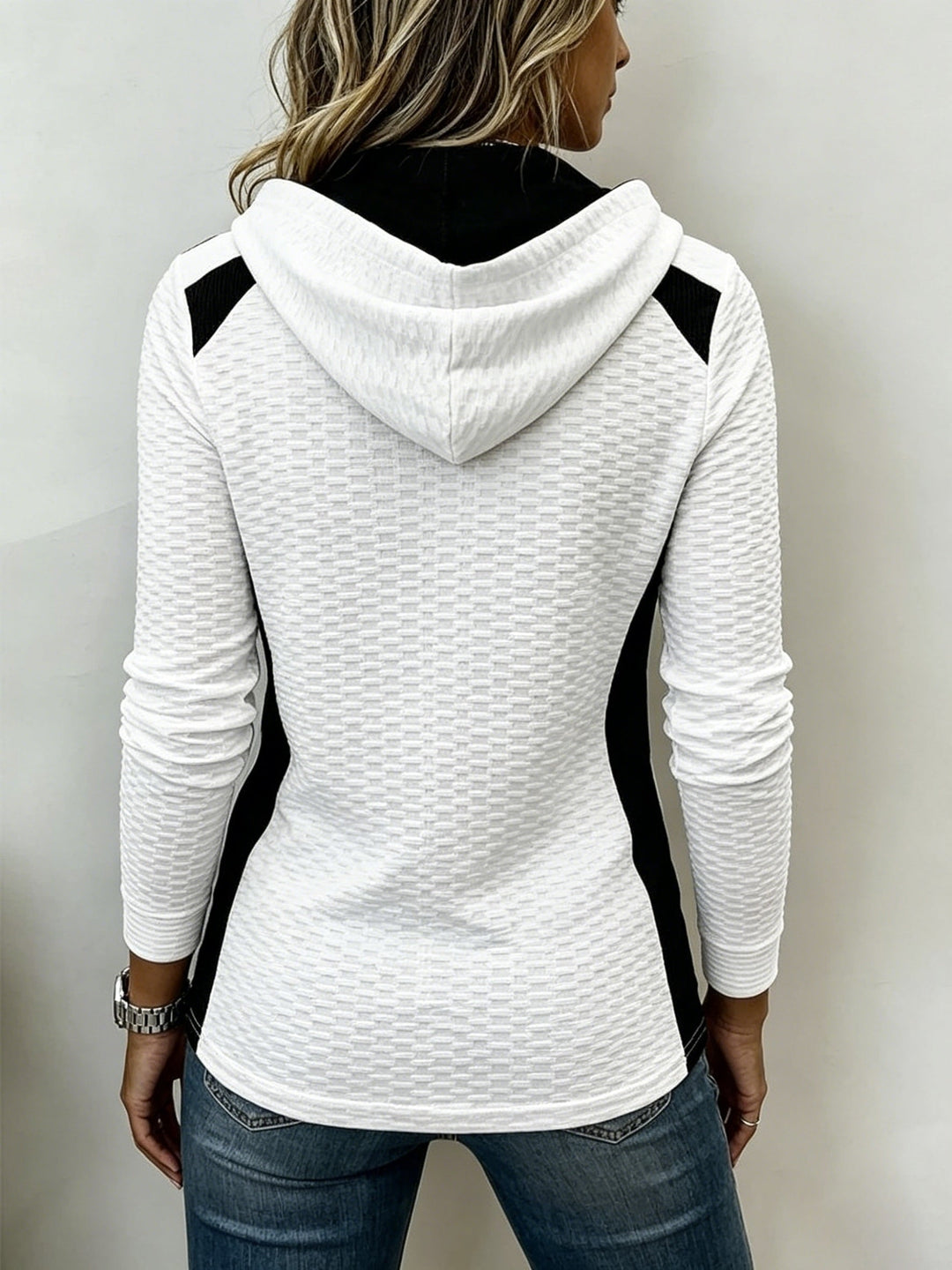 Sweat à capuche femme en maille gaufrée, pull à capuche col boutonné confortable pour l'automne