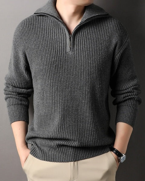 Pull en laine pour homme à col zippé, en maille texturée, idéal pour l’automne