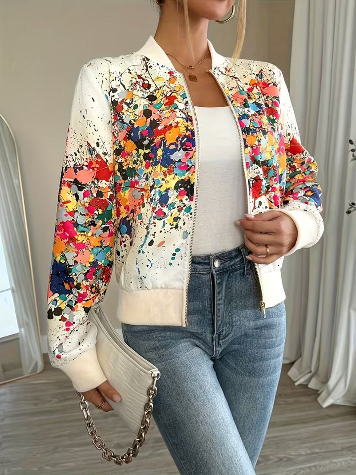 Women's zip-up bomber jacket with abstract print, lightweight and comfortable jacket for transitional seasons