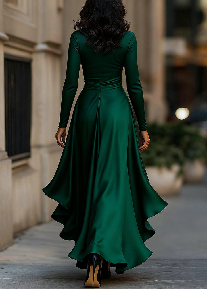 Women’s satin wrap dress with ruffles for autumn, long sleeves and a V-neck