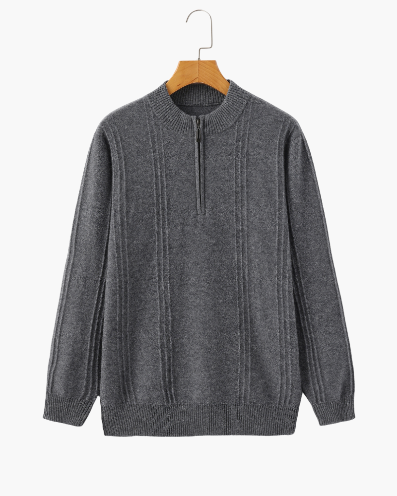 Men’s ribbed cashmere sweater with a stand-up collar and zipper, for autumn