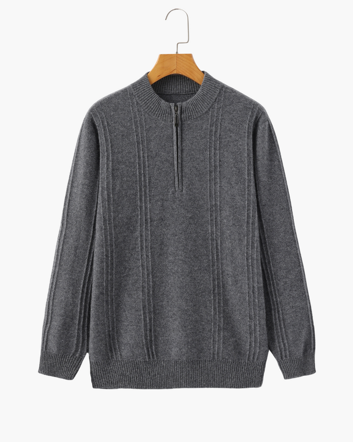 Men’s ribbed cashmere sweater with a stand-up collar and zipper, for autumn
