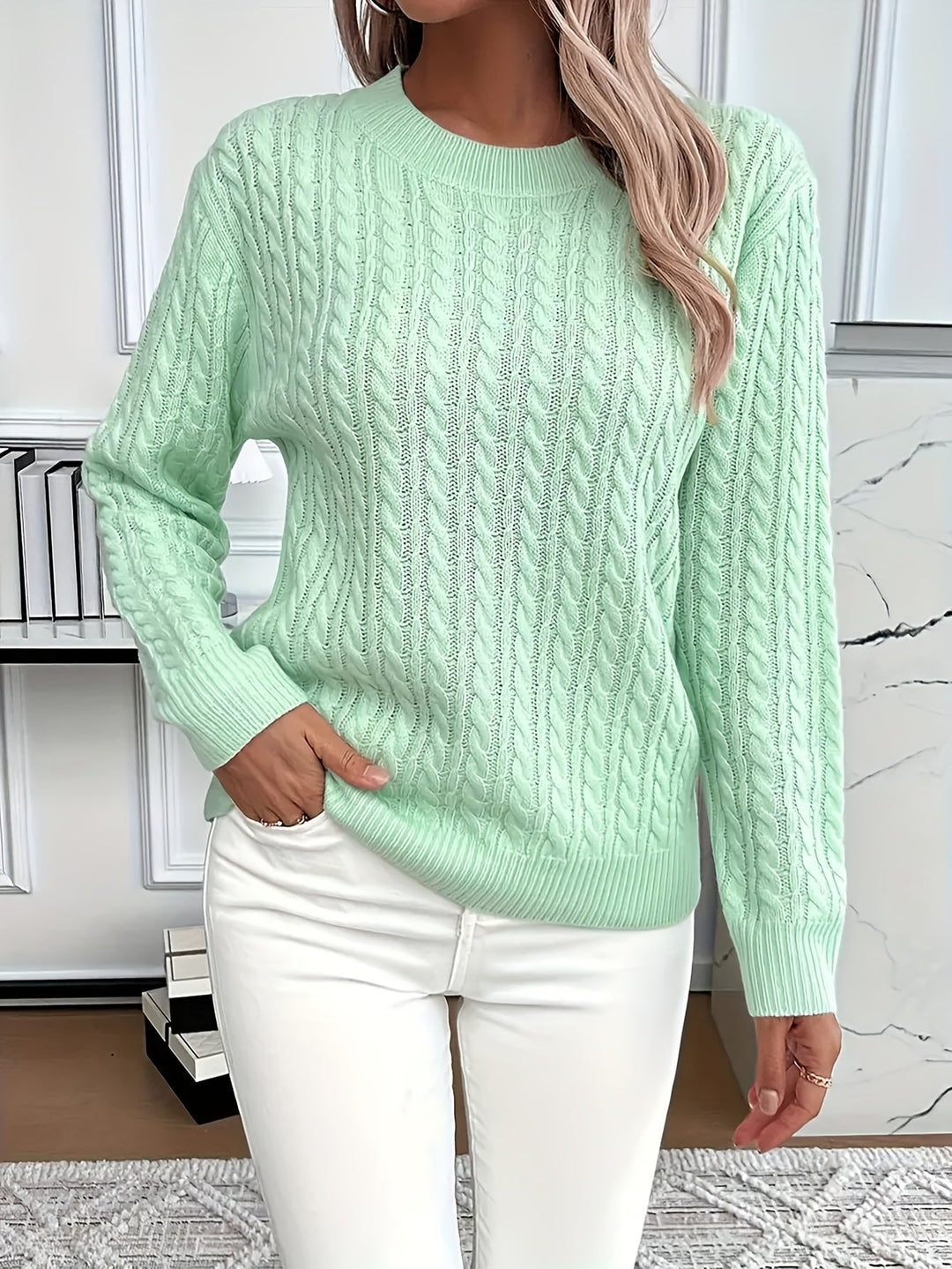 Pull femme en tricot torsadé 100 % acrylique, col rond, manches longues automne