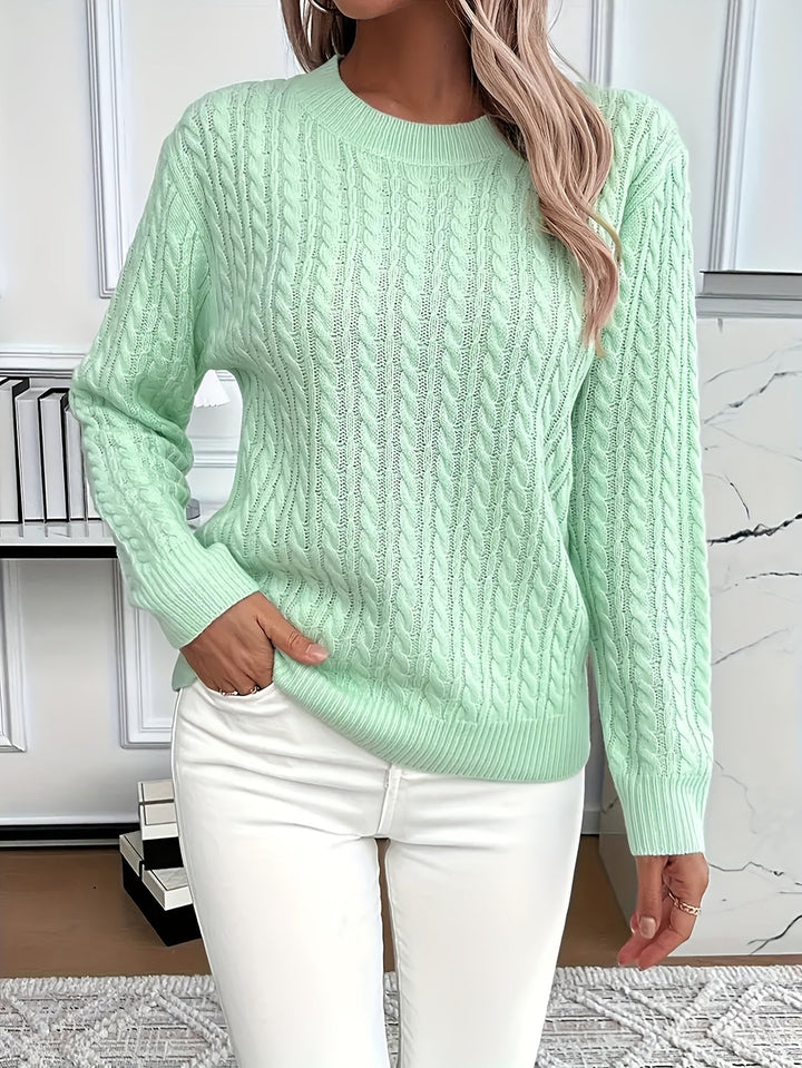 Pull femme en tricot torsadé 100 % acrylique, col rond, manches longues automne