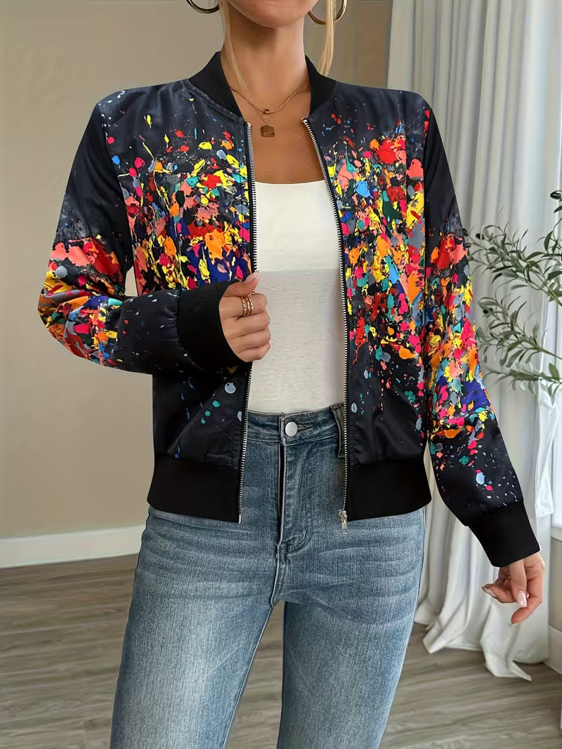 Women's zip-up bomber jacket with abstract print, lightweight and comfortable jacket for transitional seasons