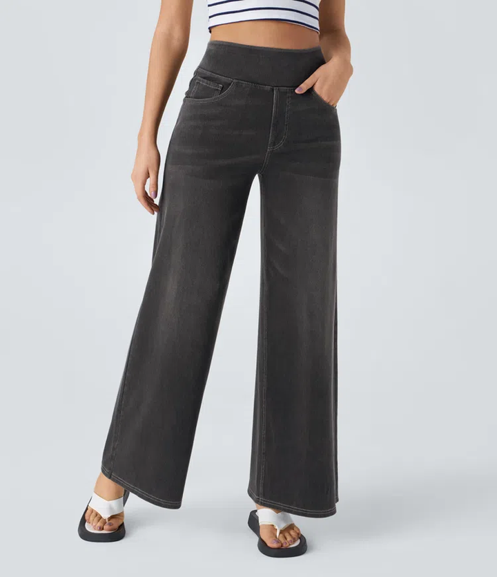 Jean femme extensible taille haute à jambes larges, pantalon décontracté en denim pour l’automne