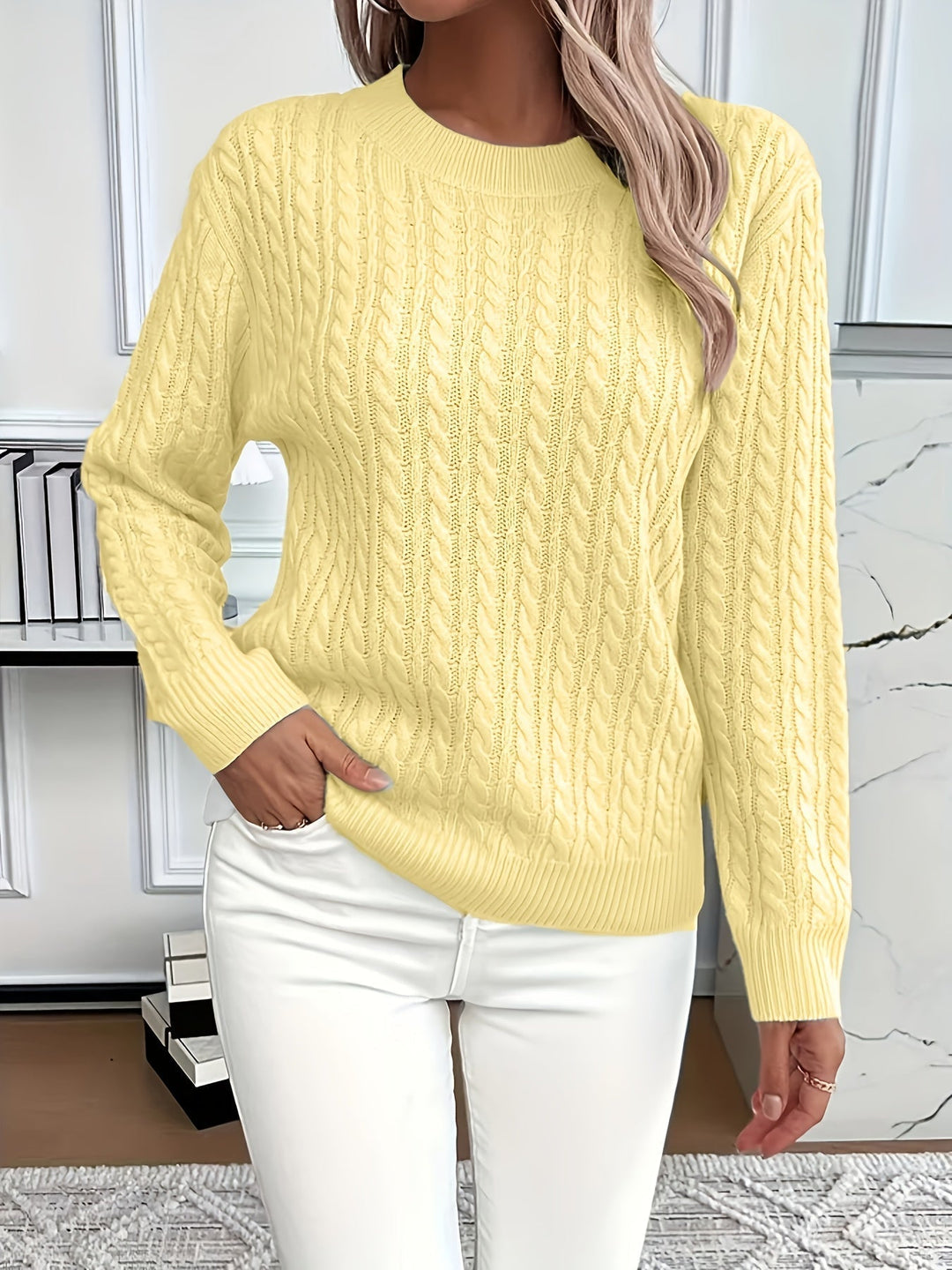 Pull femme en tricot torsadé 100 % acrylique, col rond, manches longues automne