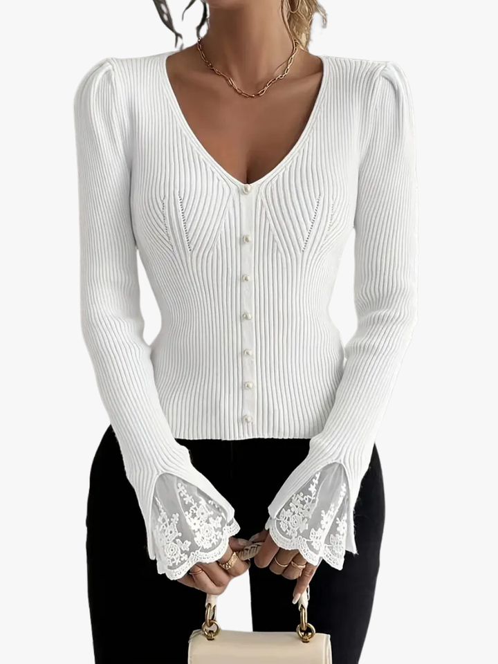 Pull en maille pour femme à col en V et texture côtelée pour l'automne