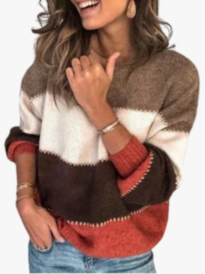 Women's autumn striped patchwork wool-knit sweater