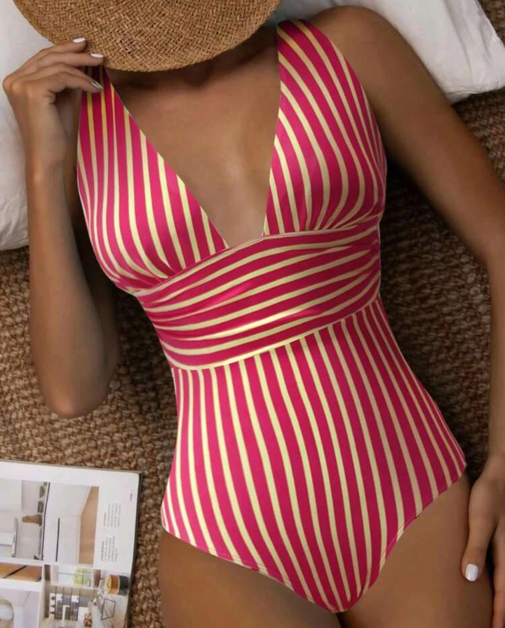 Maillot d'été à rayures pour femmes avec décolleté en V pour un look de plage élégant et confortable.