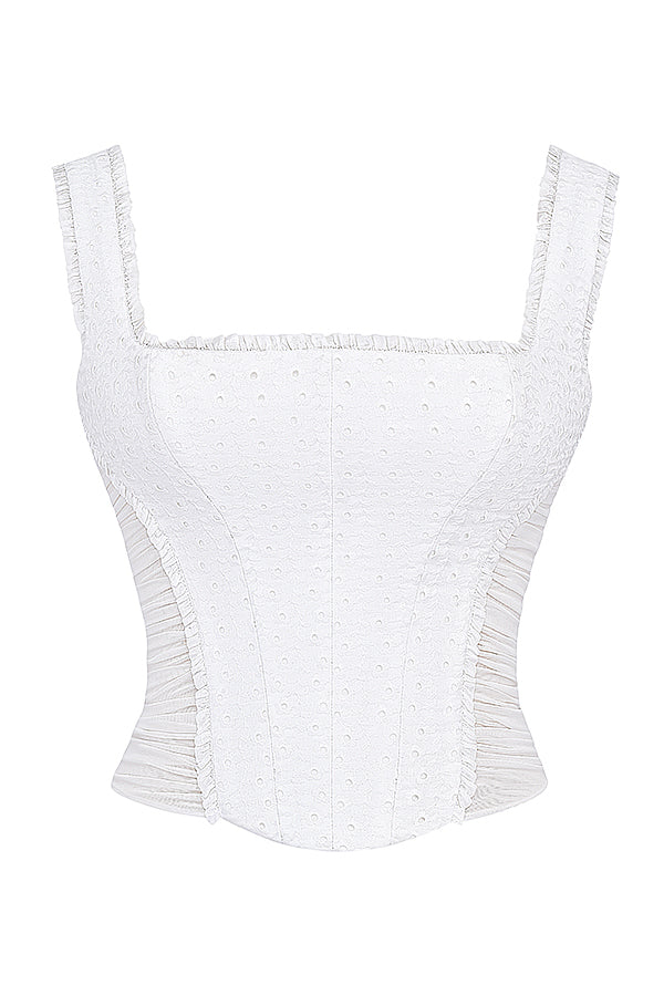 Corset en Broderie Anglais Élégant avec Charmante Jupe Mini à Niveaux