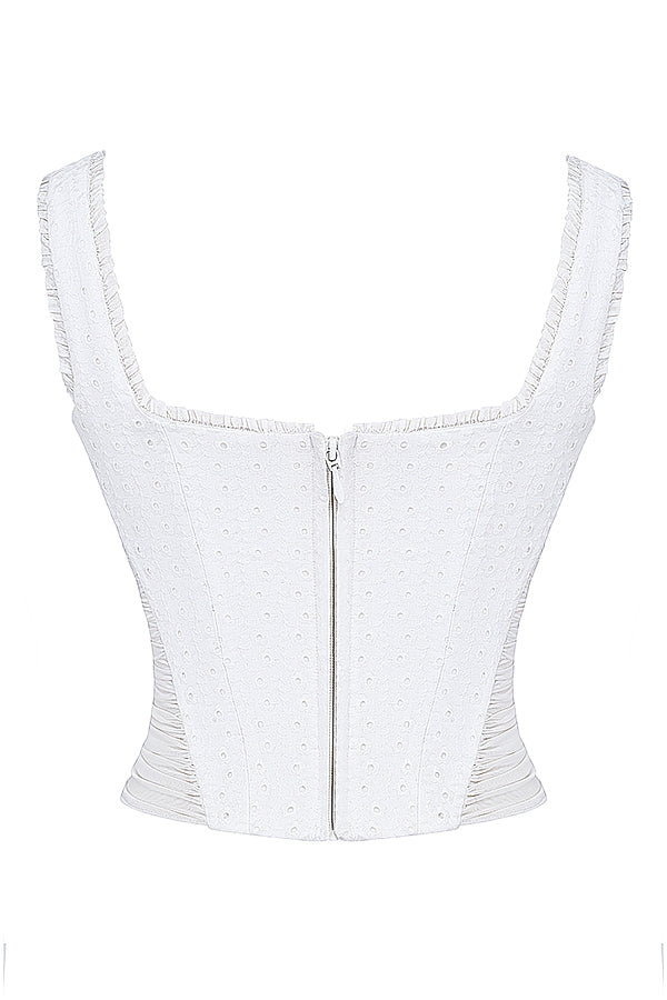 Corset en Broderie Anglais Élégant avec Charmante Jupe Mini à Niveaux