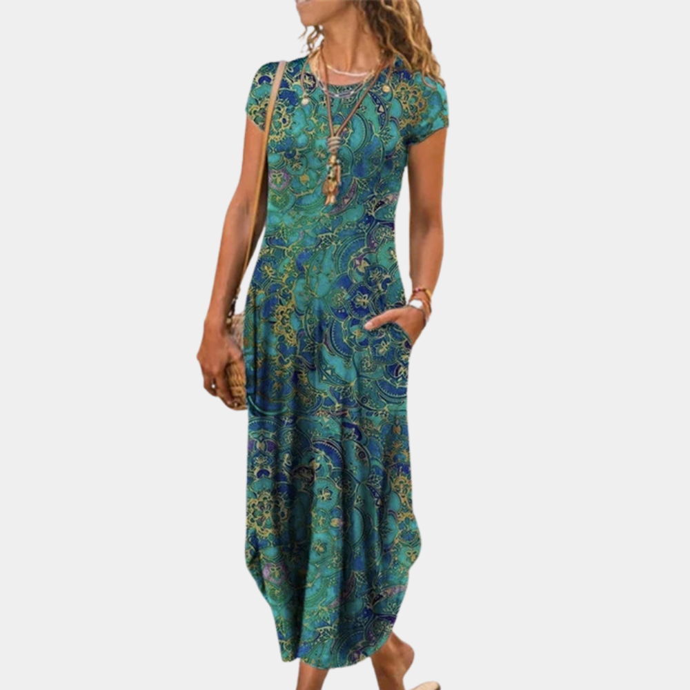 Cypriane | Elegant and lightweight maxi dress with modern abstract print for women