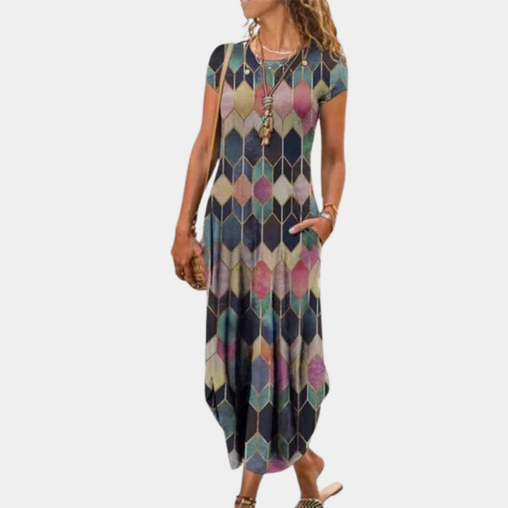 Cypriane | Elegant and lightweight maxi dress with modern abstract print for women