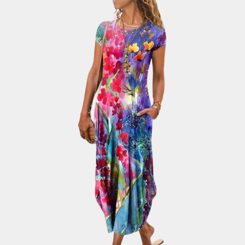 Cypriane | Elegant and lightweight maxi dress with modern abstract print for women