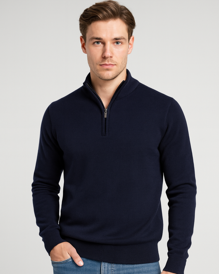 Pull homme en coton à demi-zip, col montant côtelé, modèle automnal