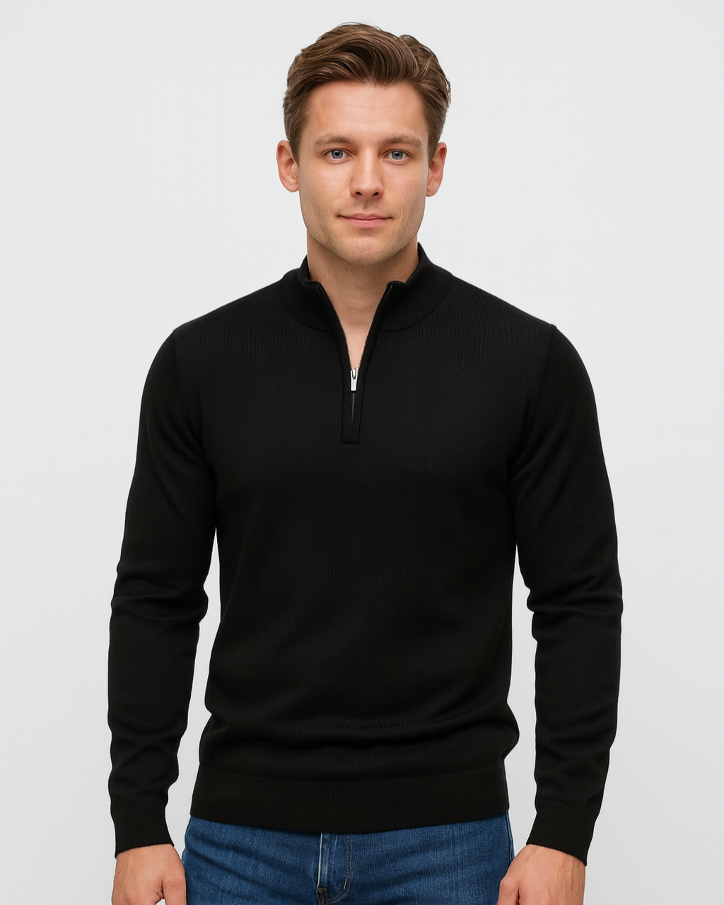 Pull homme en coton à demi-zip, col montant côtelé, modèle automnal