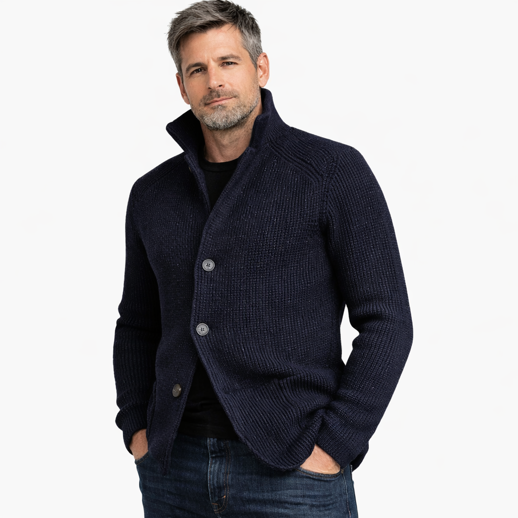 Men's zip-up knit jacket with a stand-up collar, in autumn knit
