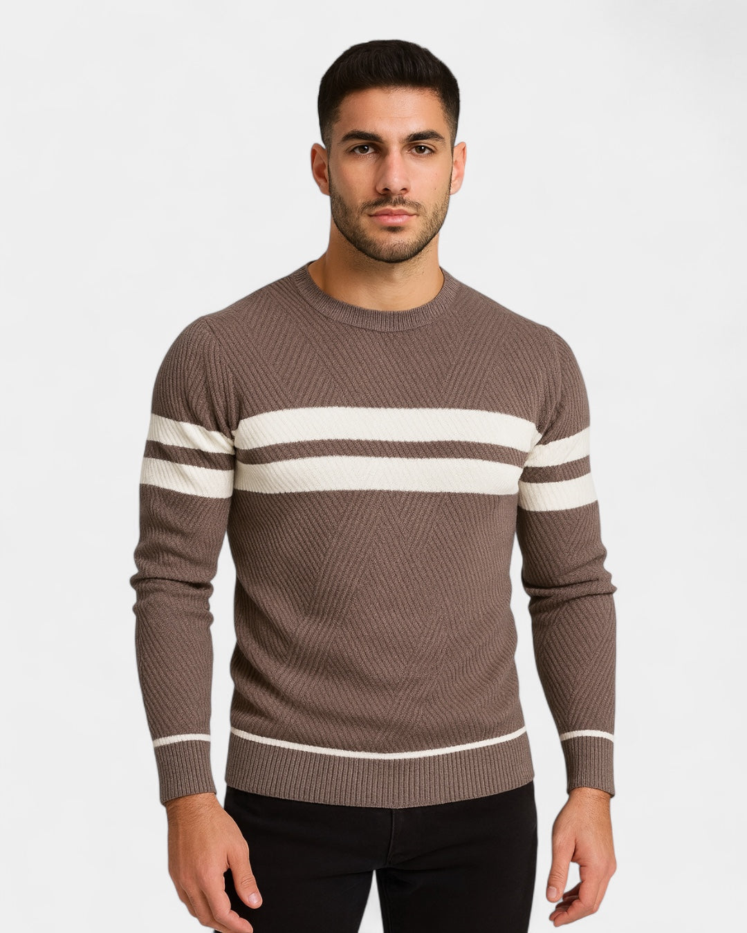 Pull homme en coton rayé à col rond, coupe slim, pour l’automne