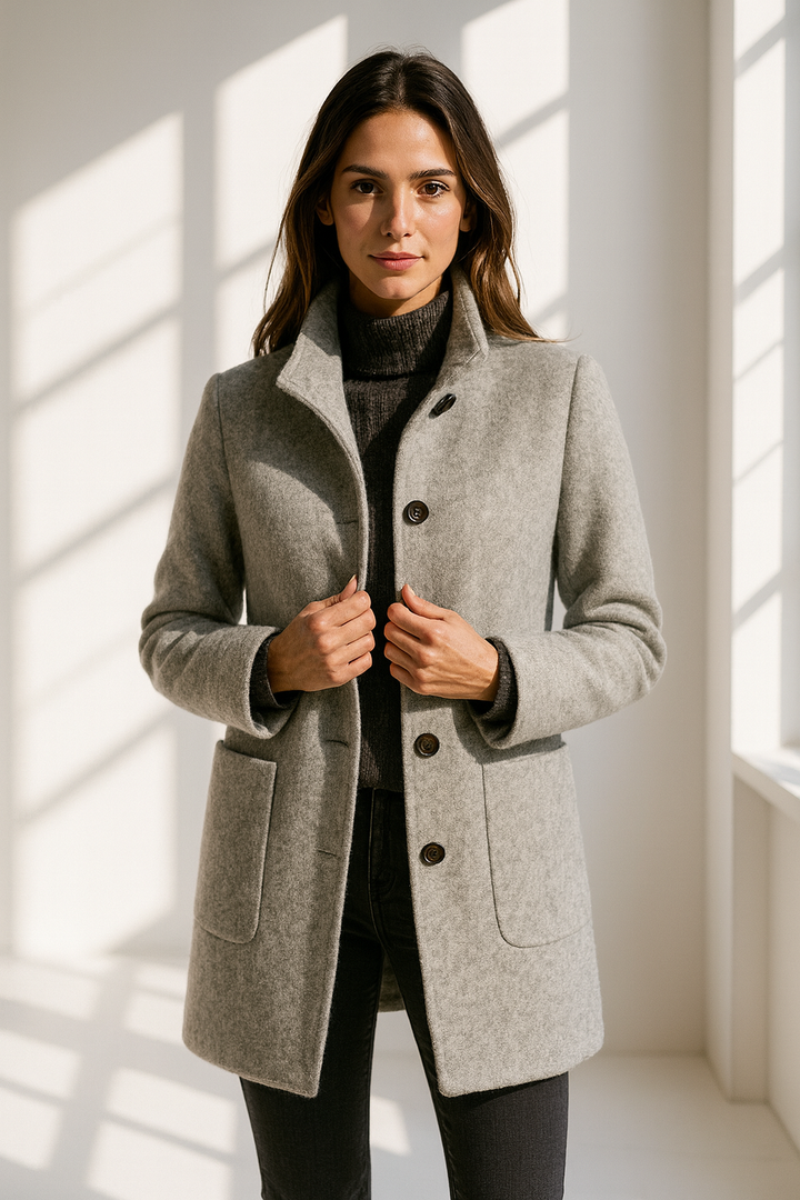Elegant, straight-cut women’s wool jacket with a stand collar for autumn