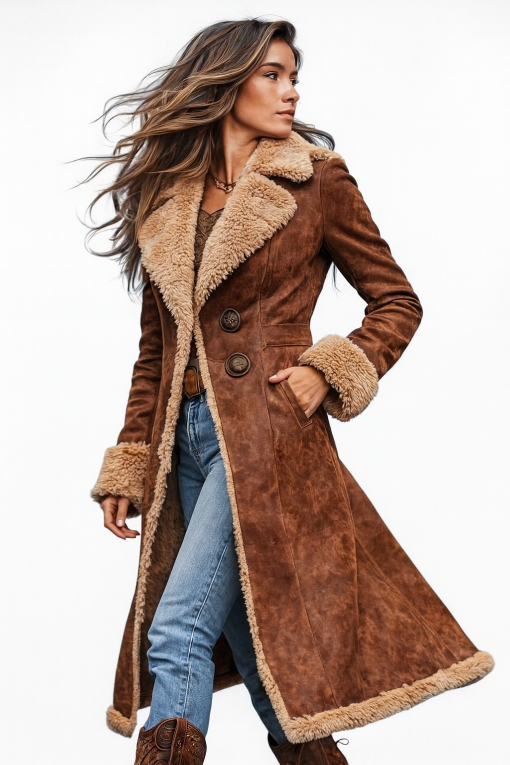 Manteau long femme effet daim doublé fausse fourrure, manteau d'hiver vintage chaud et élégant