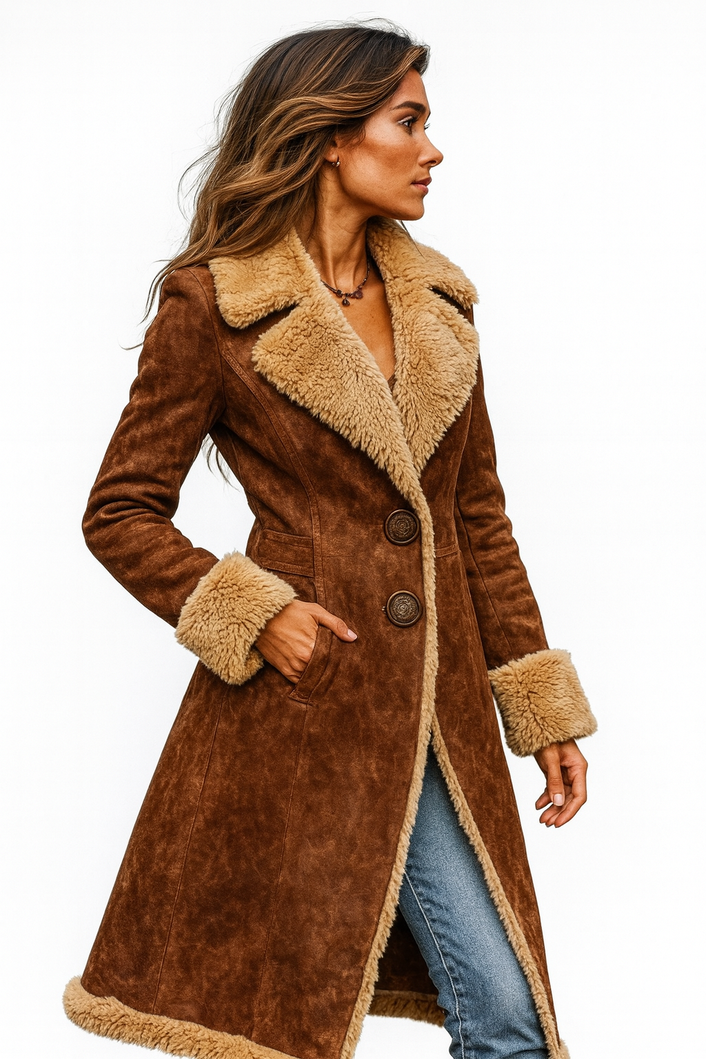 Manteau long femme effet daim doublé fausse fourrure, manteau d'hiver vintage chaud et élégant