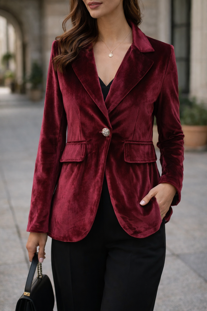 Women’s fitted velvet jacket for autumn, with a single-button closure.