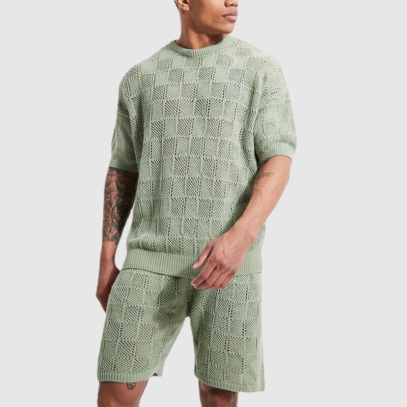 Knitted comfort set for men - breathable top and short-sleeve shorts with a friendly geometric texture for casual enjoyment