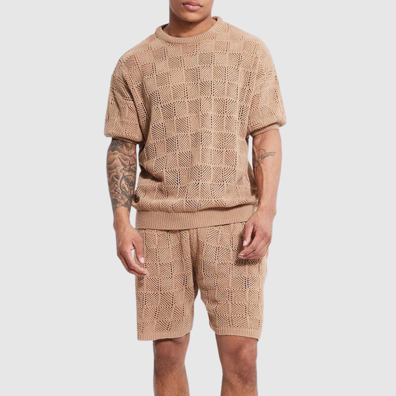 Knitted comfort set for men - breathable top and short-sleeve shorts with a friendly geometric texture for casual enjoyment