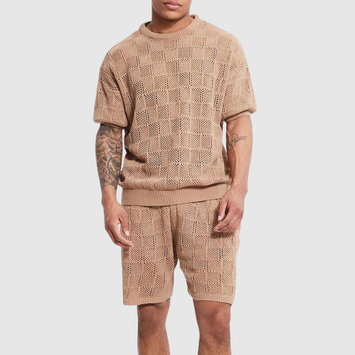 Knitted comfort set for men - breathable top and short-sleeve shorts with a friendly geometric texture for casual enjoyment