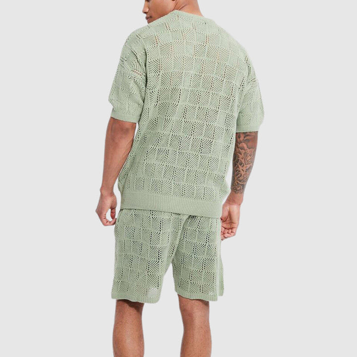 Knitted comfort set for men - breathable top and short-sleeve shorts with a friendly geometric texture for casual enjoyment