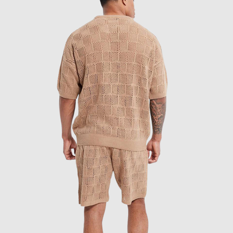 Knitted comfort set for men - breathable top and short-sleeve shorts with a friendly geometric texture for casual enjoyment