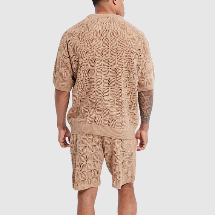 Knitted comfort set for men - breathable top and short-sleeve shorts with a friendly geometric texture for casual enjoyment