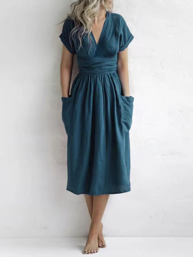 Marita | Elegant cotton midi dressing gown with V-neckline and sleeveless design - Comfortable and stylish