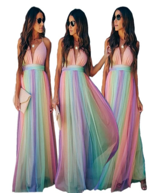 Jemima | Robe Maxi Élégante pour Femmes - Design Sans Manches avec Détail en Tulle Arc-en-Ciel pour un Look Chic