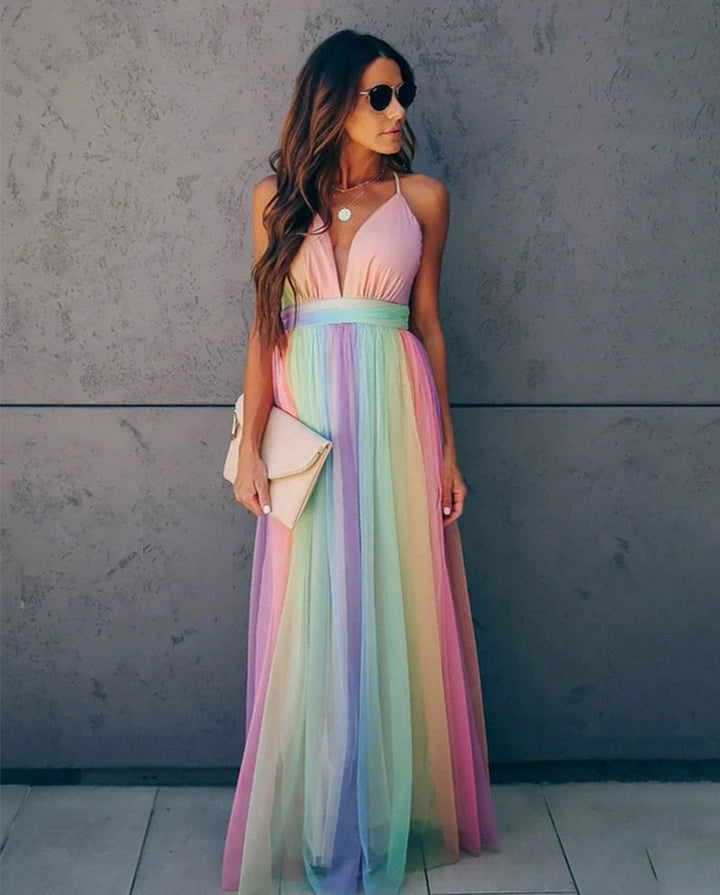 Jemima | Robe Maxi Élégante pour Femmes - Design Sans Manches avec Détail en Tulle Arc-en-Ciel pour un Look Chic
