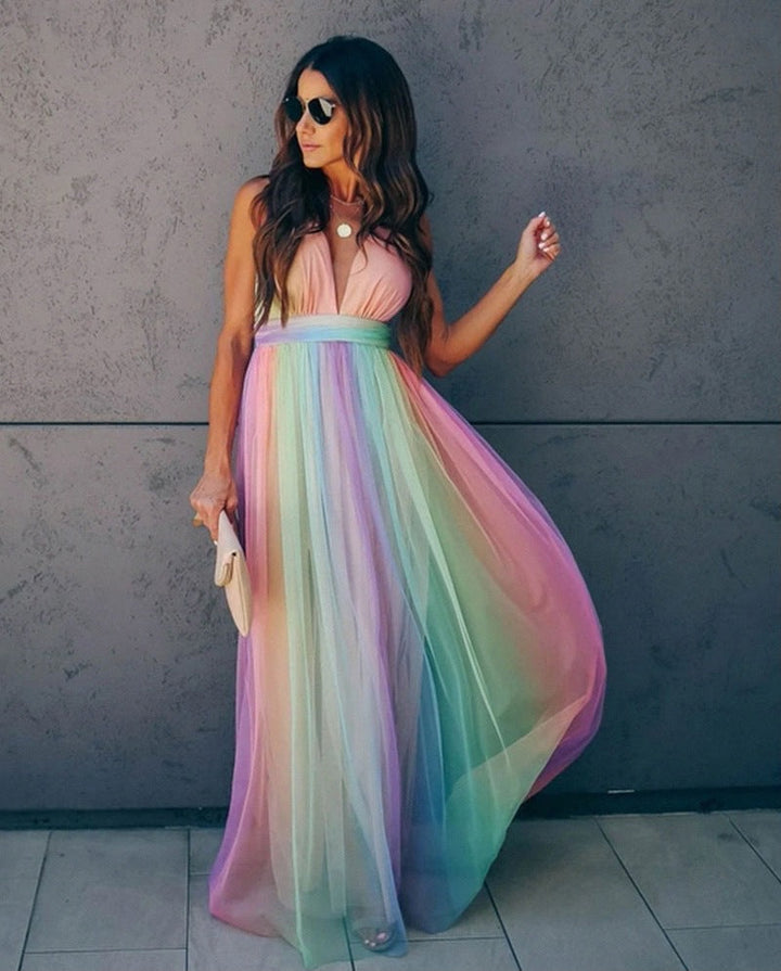 Jemima | Robe Maxi Élégante pour Femmes - Design Sans Manches avec Détail en Tulle Arc-en-Ciel pour un Look Chic