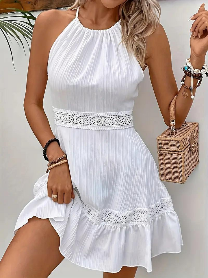 Elisabeth | Lightweight Mini Summer Dress - Halter Neck, Backless Design, Lace Details, and Breathable Comfort