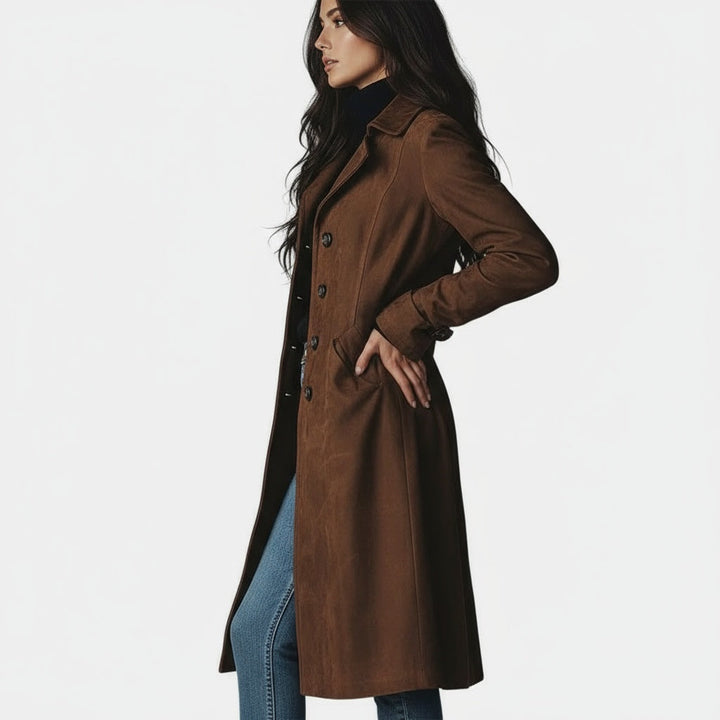 Manteau long femme en suédine, manteau élégant boutonné à col tailleur pour l'automne-hiver