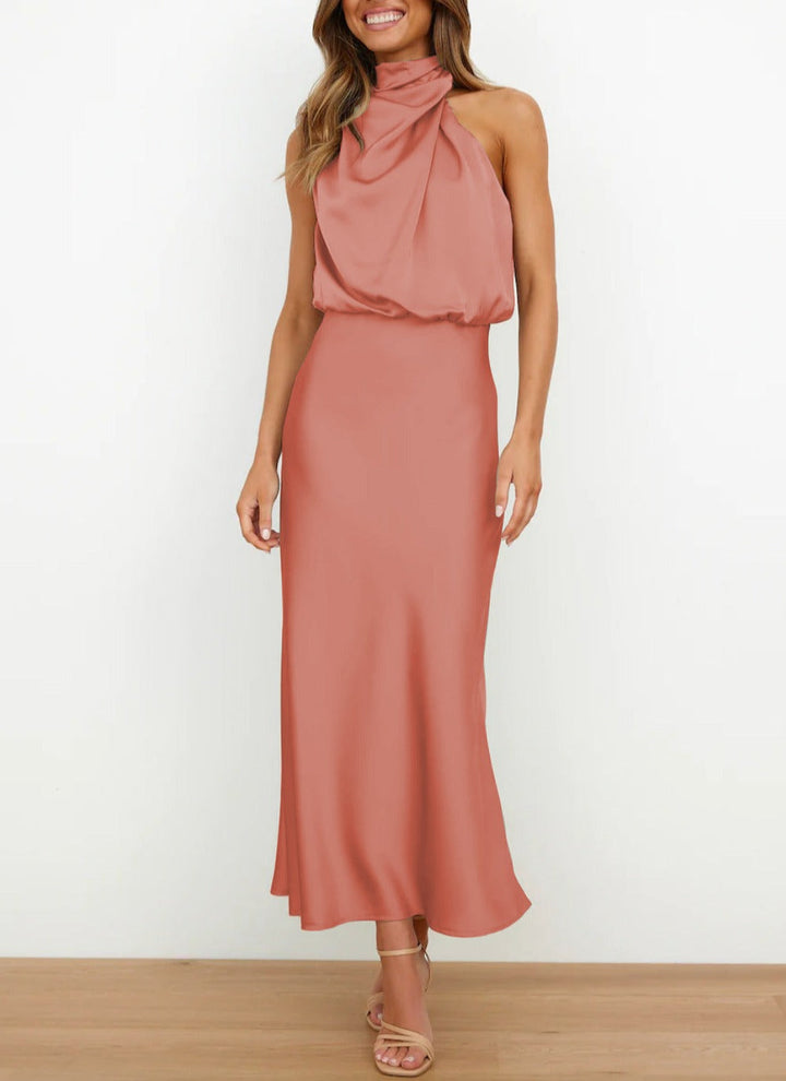 Robe maxi femme en satin élégante sans manches pour l’été et les soirées chic