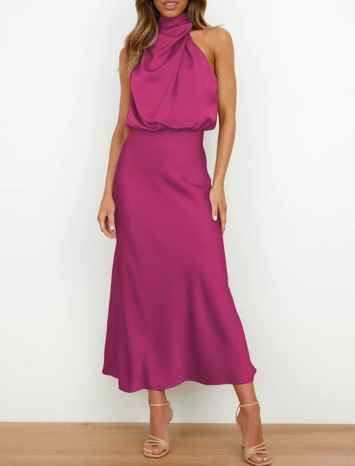 Robe maxi femme en satin élégante sans manches pour l’été et les soirées chic
